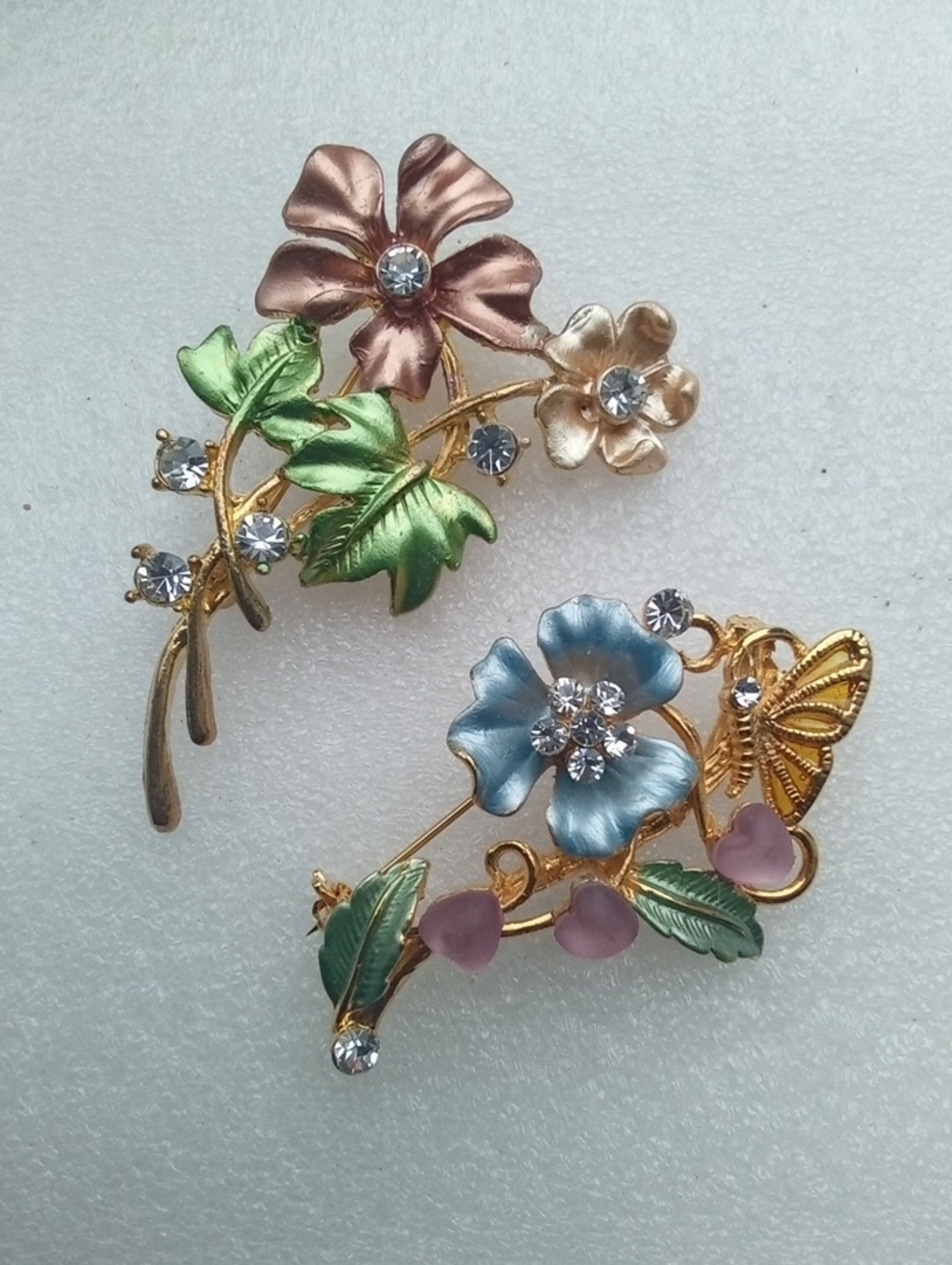 Vintage Two Multicolor Floral Brooches - Gold Tone